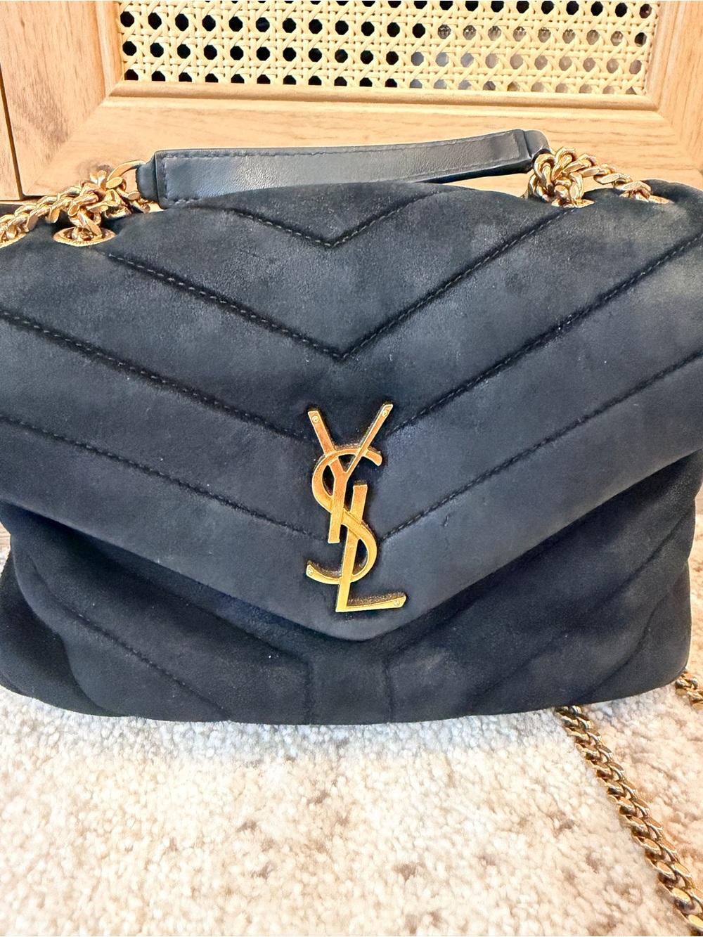 Saint Laurent Suede Calfskin Y Quilted Monogram Small Loulou Chain Satchel Black - Picture 2 of 9